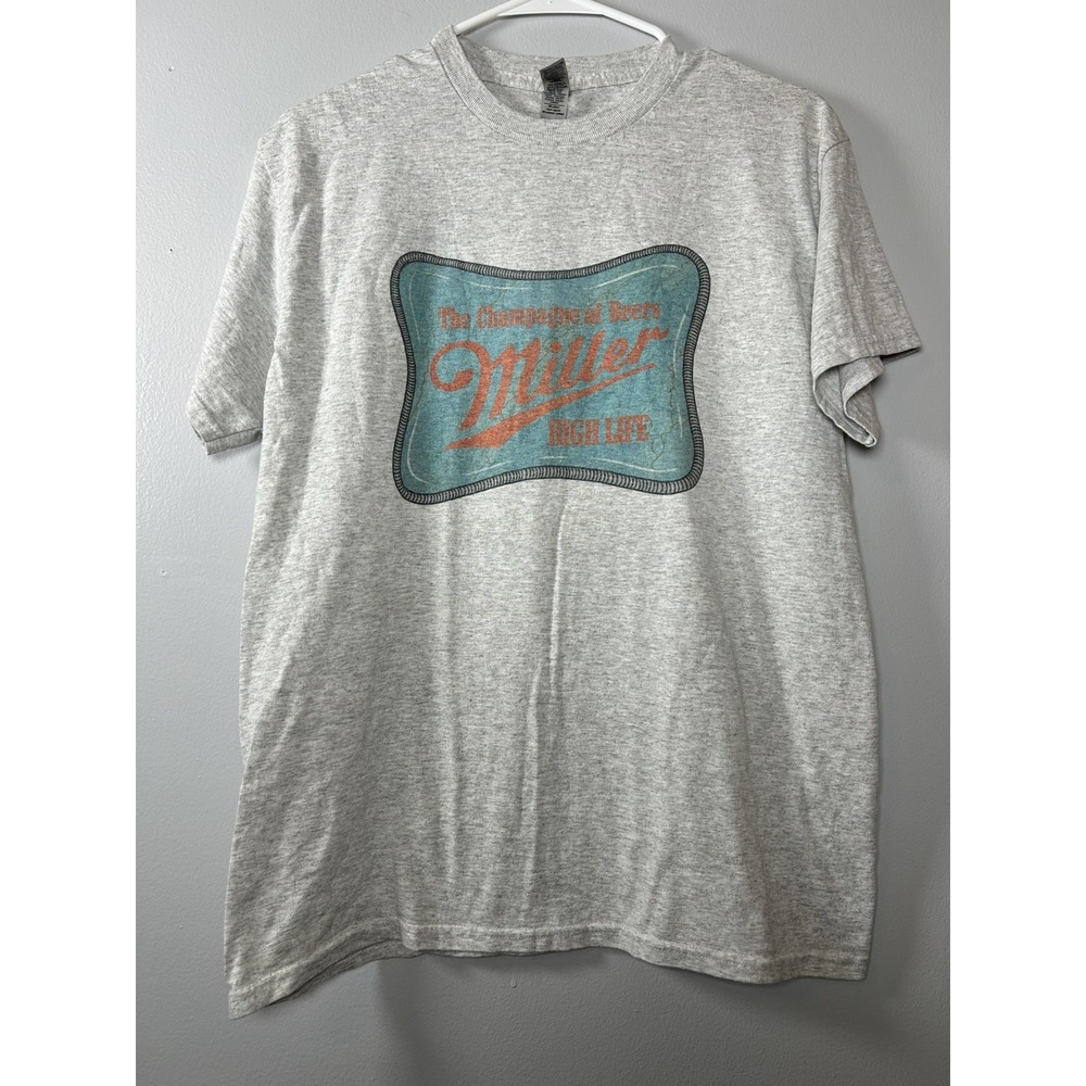 Miller Beer T-Shirt Mens Medium Gray Retro Logo Graphic Gildan Dryblend Tee